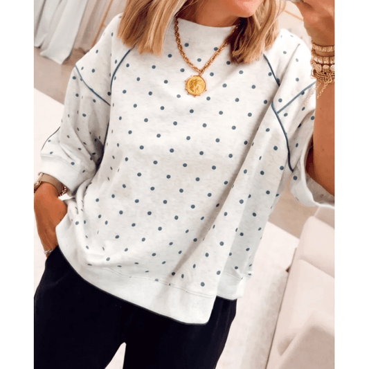 Suza Grey Polka Dot Print Piping Trim 3/4 Sleeve Relaxed Top