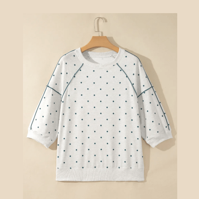 Suza Grey Polka Dot Print Piping Trim 3/4 Sleeve Relaxed Top