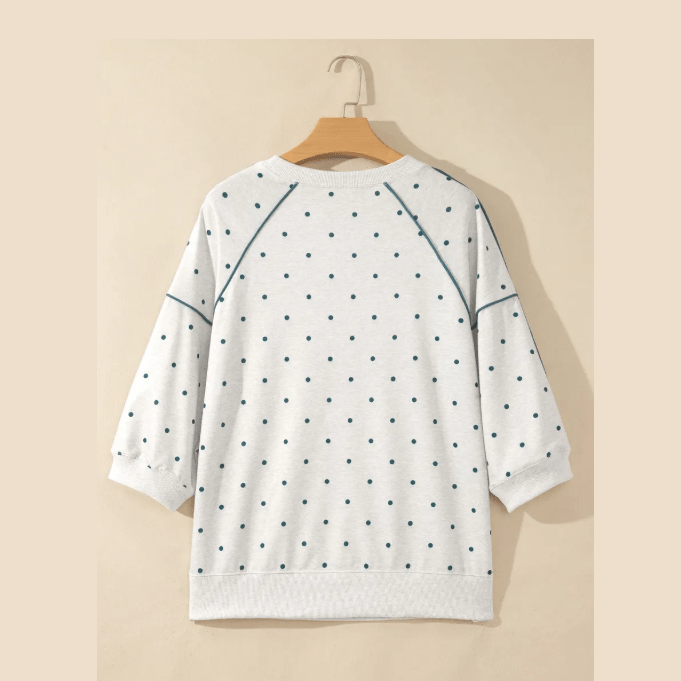 Suza Grey Polka Dot Print Piping Trim 3/4 Sleeve Relaxed Top