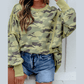 Esmerelda Green Camouflage Waffle Knit Raw Edge Contrast Trim Oversized Long Sleeve Top