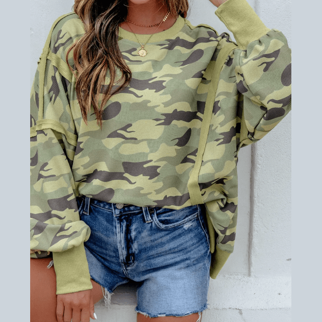 Esmerelda Green Camouflage Waffle Knit Raw Edge Contrast Trim Oversized Long Sleeve Top
