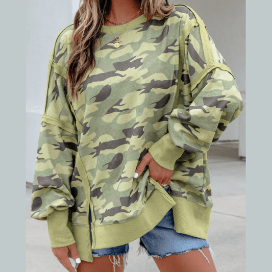 Esmerelda Green Camouflage Waffle Knit Raw Edge Contrast Trim Oversized Long Sleeve Top