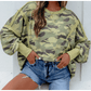 Esmerelda Green Camouflage Waffle Knit Raw Edge Contrast Trim Oversized Long Sleeve Top