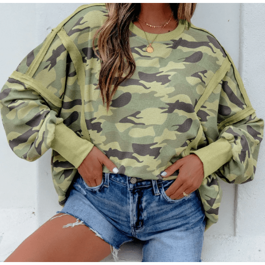 Esmerelda Green Camouflage Waffle Knit Raw Edge Contrast Trim Oversized Long Sleeve Top