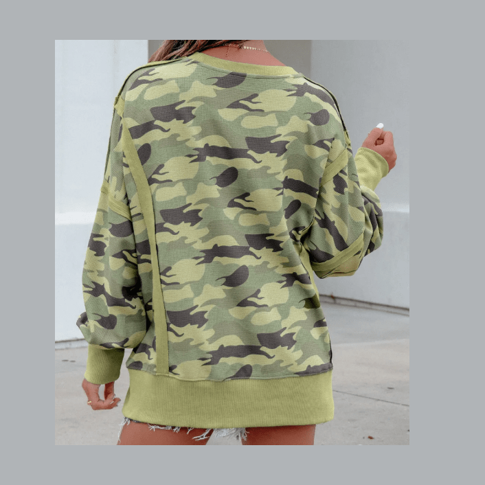 Esmerelda Green Camouflage Waffle Knit Raw Edge Contrast Trim Oversized Long Sleeve Top