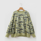 Esmerelda Green Camouflage Waffle Knit Raw Edge Contrast Trim Oversized Long Sleeve Top