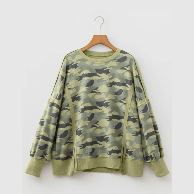 Esmerelda Green Camouflage Waffle Knit Raw Edge Contrast Trim Oversized Long Sleeve Top