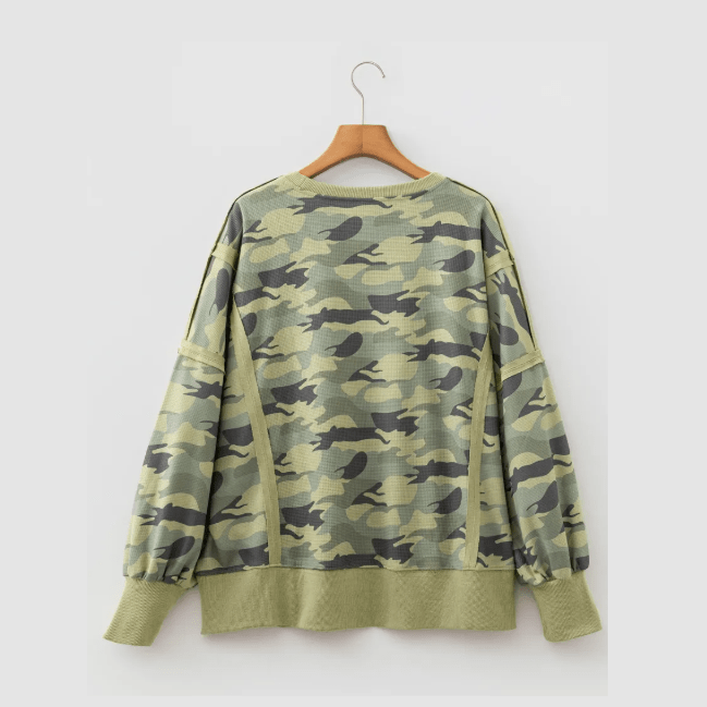 Esmerelda Green Camouflage Waffle Knit Raw Edge Contrast Trim Oversized Long Sleeve Top