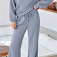 Mariette Dusk Blue Cowl Neck Drawstring Pullover Wide Leg Athleisure Pants Set
