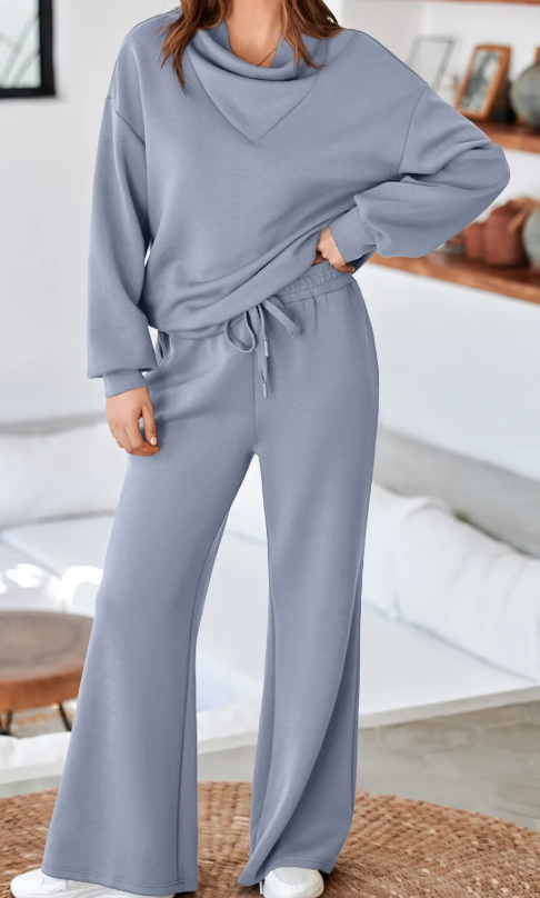 Mariette Dusk Blue Cowl Neck Drawstring Pullover Wide Leg Athleisure Pants Set