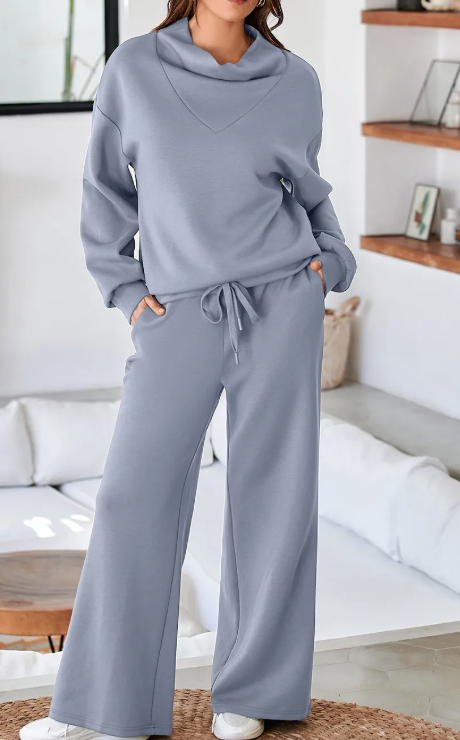 Mariette Dusk Blue Cowl Neck Drawstring Pullover Wide Leg Athleisure Pants Set