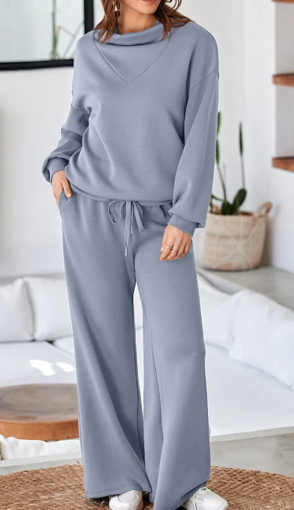 Mariette Dusk Blue Cowl Neck Drawstring Pullover Wide Leg Athleisure Pants Set