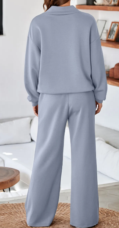 Mariette Dusk Blue Cowl Neck Drawstring Pullover Wide Leg Athleisure Pants Set