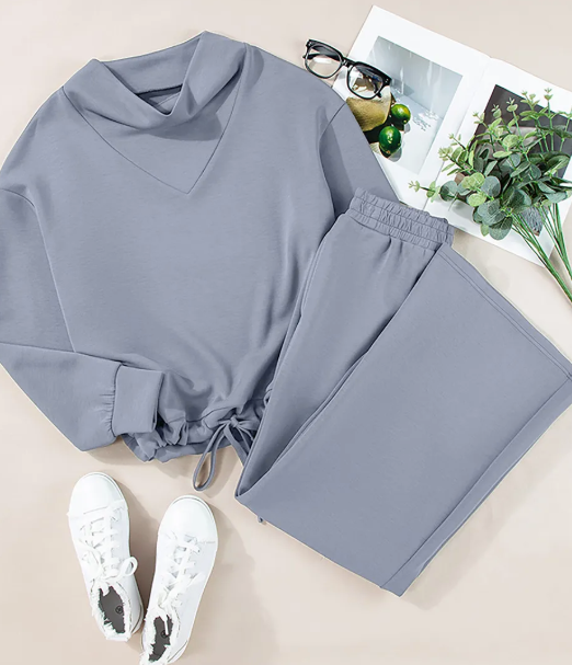 Mariette Dusk Blue Cowl Neck Drawstring Pullover Wide Leg Athleisure Pants Set