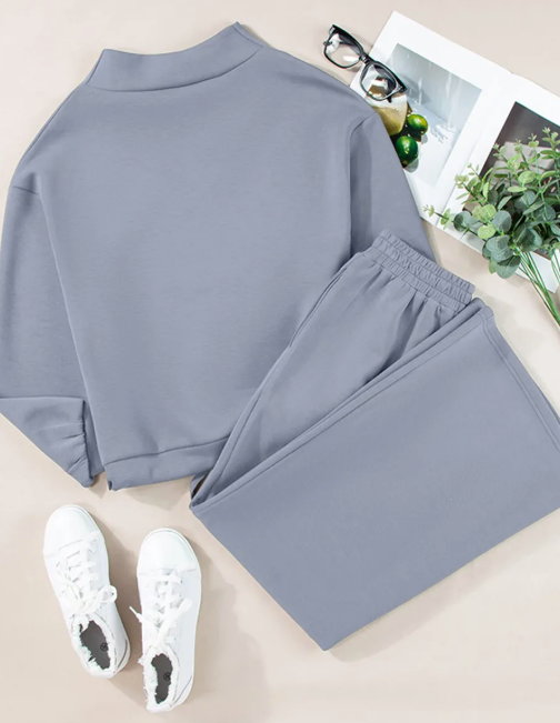 Mariette Dusk Blue Cowl Neck Drawstring Pullover Wide Leg Athleisure Pants Set