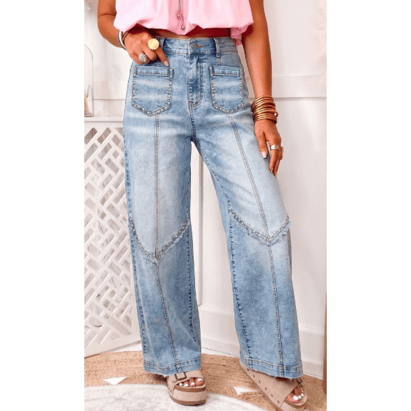 Britley Frayed Studded Detail Wide Leg Pocketed Jeans