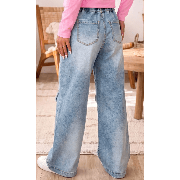 Britley Frayed Studded Detail Wide Leg Pocketed Jeans