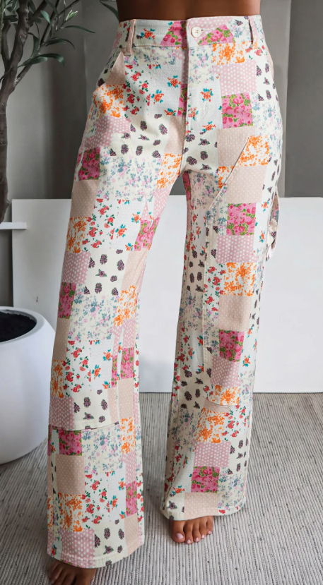 Jedda Pink Floral Patchwork Wide Leg Full Length Jeans