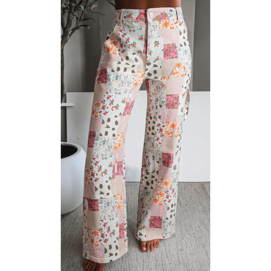 Jedda Pink Floral Patchwork Wide Leg Full Length Jeans
