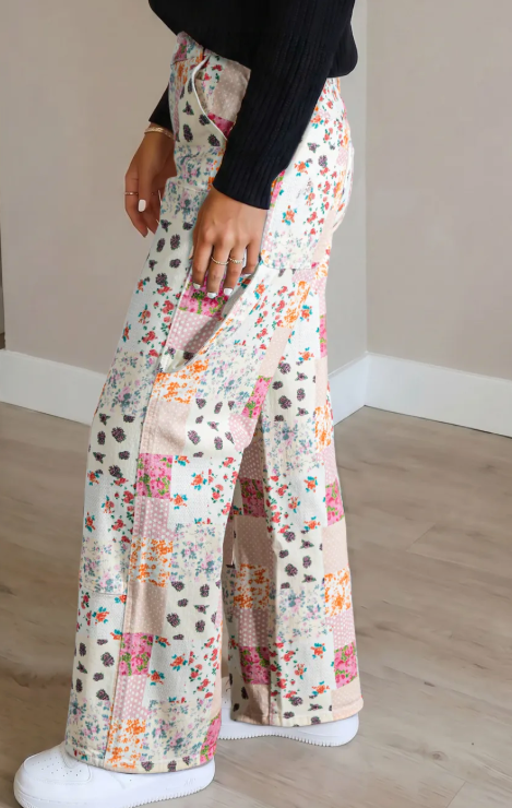 Jedda Pink Floral Patchwork Wide Leg Full Length Jeans