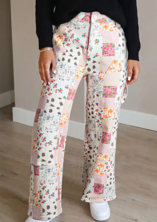 Jedda Pink Floral Patchwork Wide Leg Full Length Jeans