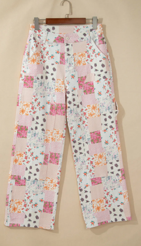 Jedda Pink Floral Patchwork Wide Leg Full Length Jeans
