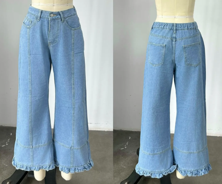 Tamaria Light Blue Ruffle Edge Wide Leg Denim Jeans