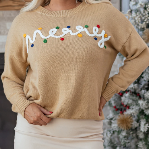 Khaki Merry Colorful Dot Detail Christmas Drop Shoulder Sweater