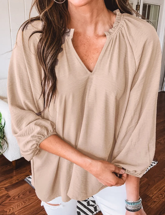Alby Parchment V Neck Gathered Cuff Three Quarter Sleeve Blouse