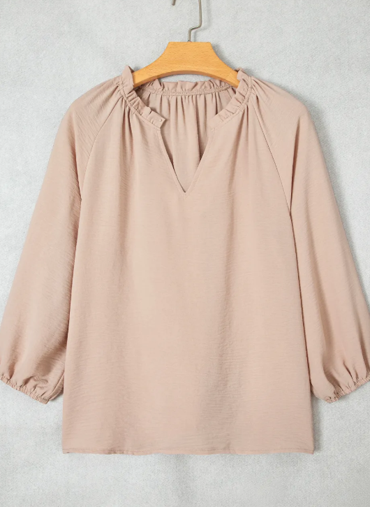 Alby Parchment V Neck Gathered Cuff Three Quarter Sleeve Blouse