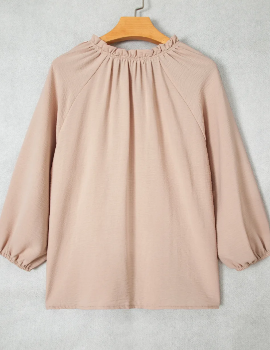 Alby Parchment V Neck Gathered Cuff Three Quarter Sleeve Blouse