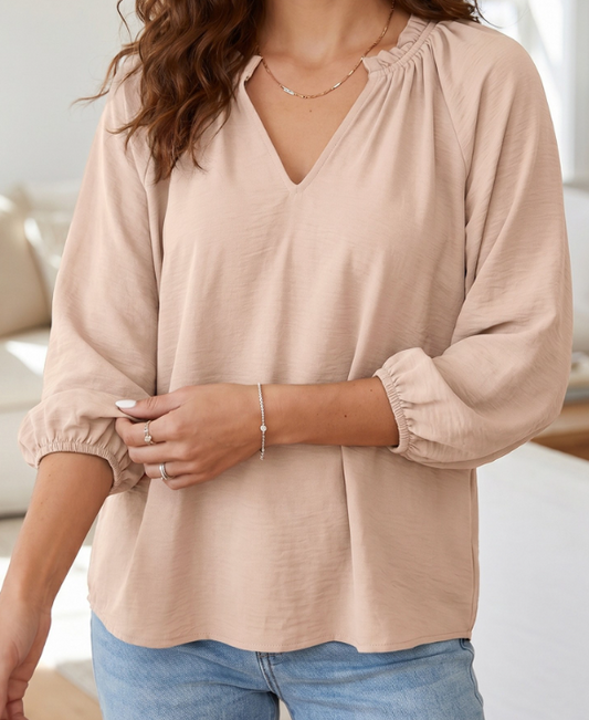 Alby Parchment V Neck Gathered Cuff Three Quarter Sleeve Blouse