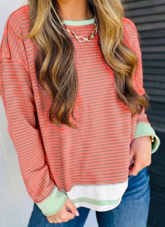 Cyra Orange Stripe Colorblock Detail Raw Seam Long Sleeve Top