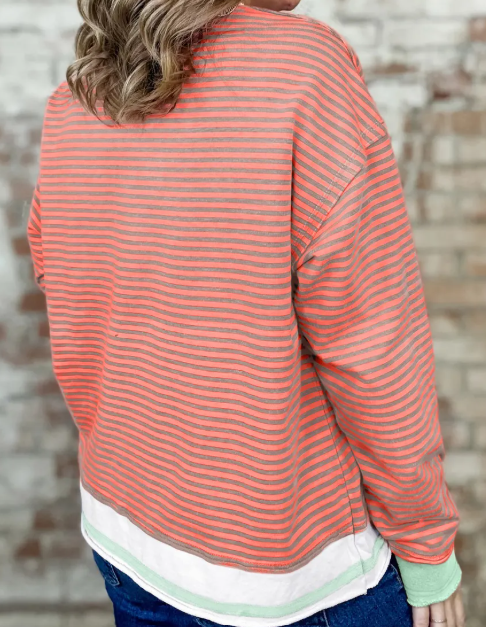 Cyra Orange Stripe Colorblock Detail Raw Seam Long Sleeve Top
