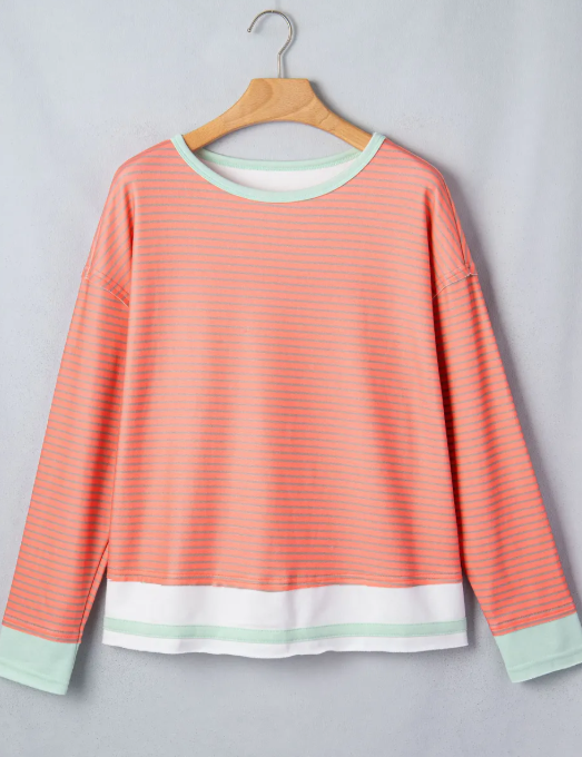 Cyra Orange Stripe Colorblock Detail Raw Seam Long Sleeve Top