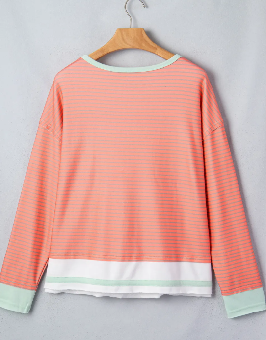 Cyra Orange Stripe Colorblock Detail Raw Seam Long Sleeve Top