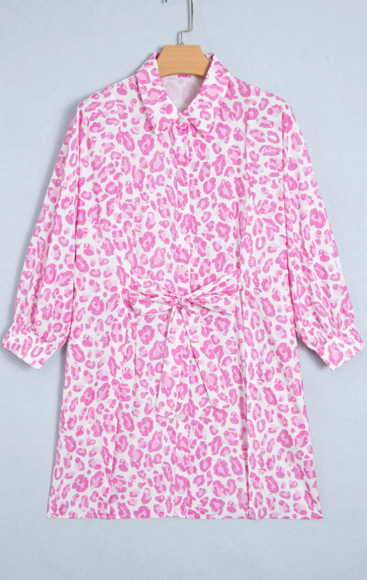 Karrie Pink Abstract Leopard Print Tie Waist Puff Sleeve Mini Shirt Dress