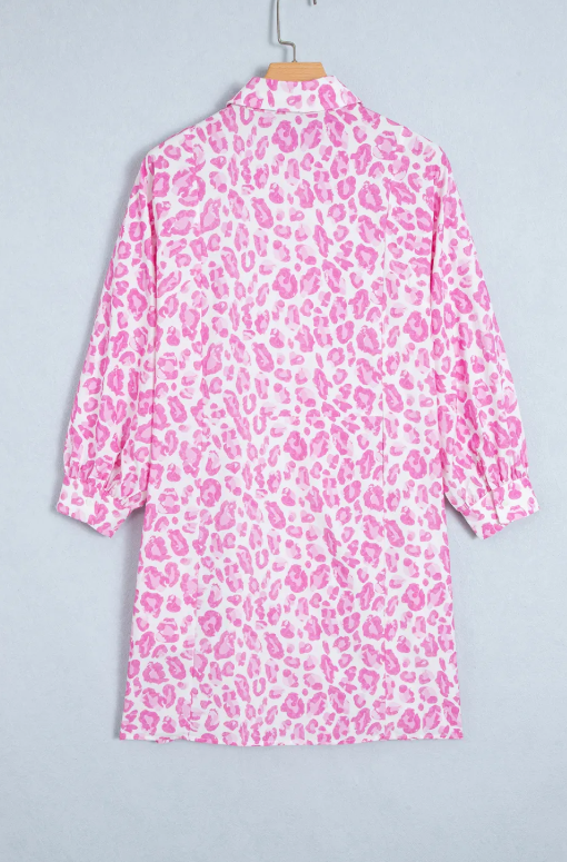 Karrie Pink Abstract Leopard Print Tie Waist Puff Sleeve Mini Shirt Dress