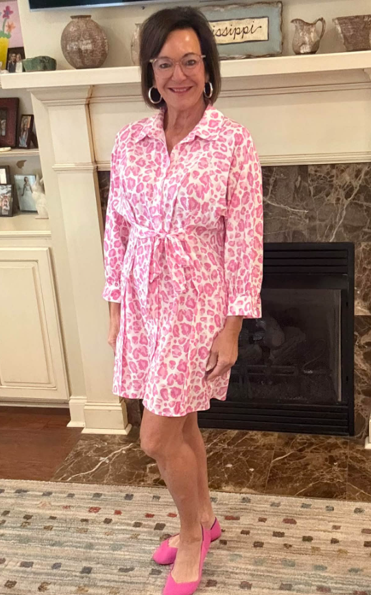 Karrie Pink Abstract Leopard Print Tie Waist Puff Sleeve Mini Shirt Dress