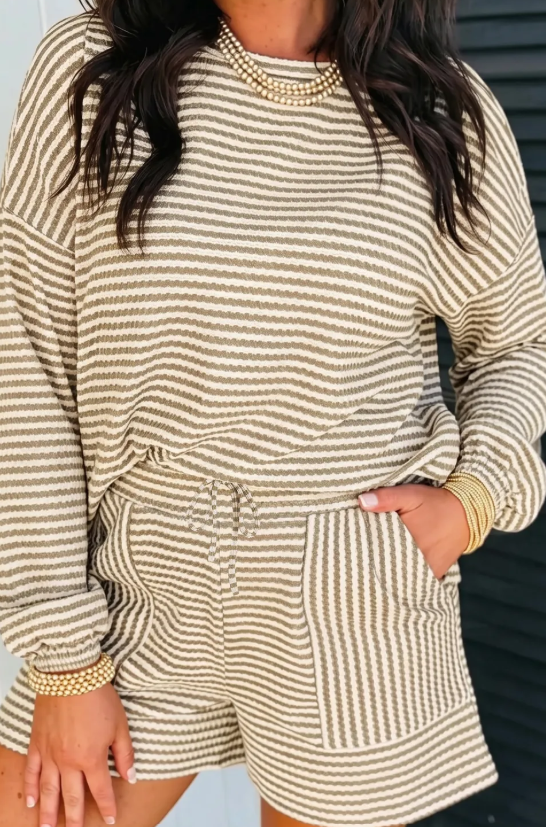 Lola Khaki Stripe Textured Knit Long Sleeve Top Elastic Waist Shorts Casual Outfit