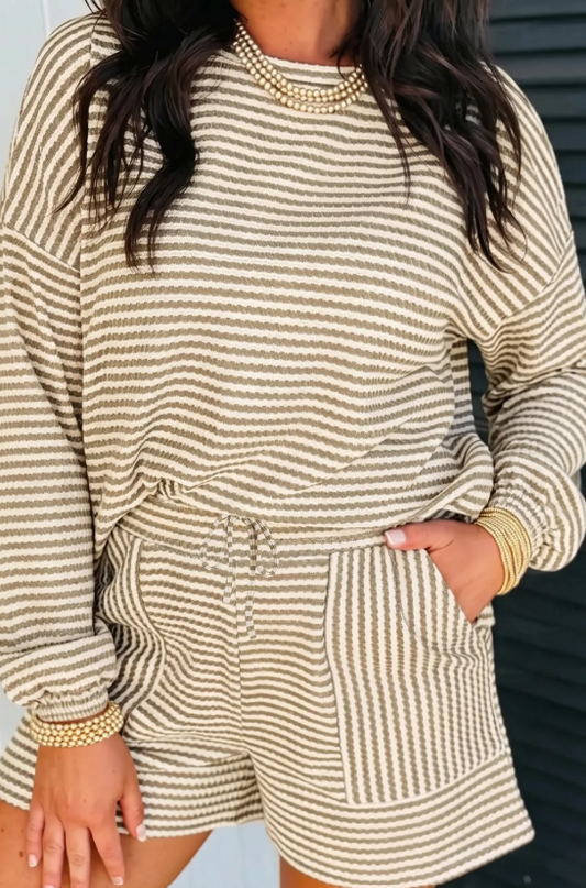 Lola Khaki Stripe Textured Knit Long Sleeve Top Elastic Waist Shorts Casual Outfit
