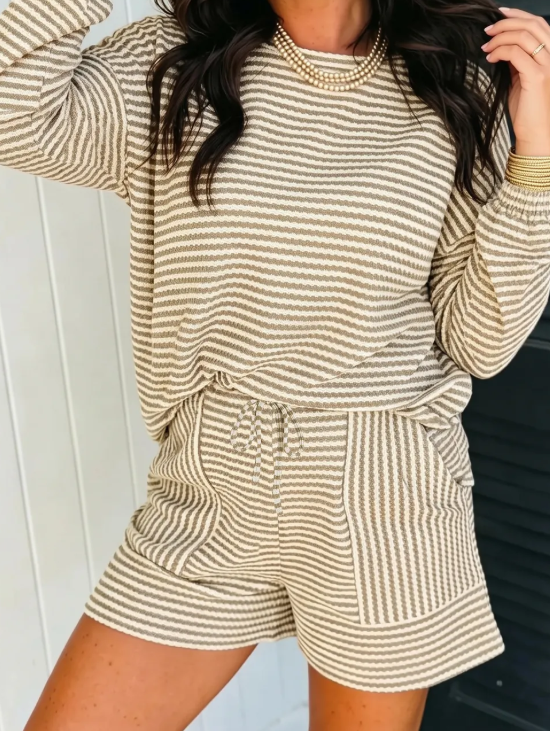 Lola Khaki Stripe Textured Knit Long Sleeve Top Elastic Waist Shorts Casual Outfit