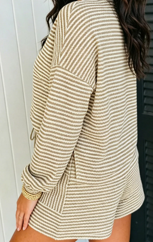 Lola Khaki Stripe Textured Knit Long Sleeve Top Elastic Waist Shorts Casual Outfit