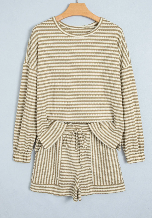 Lola Khaki Stripe Textured Knit Long Sleeve Top Elastic Waist Shorts Casual Outfit
