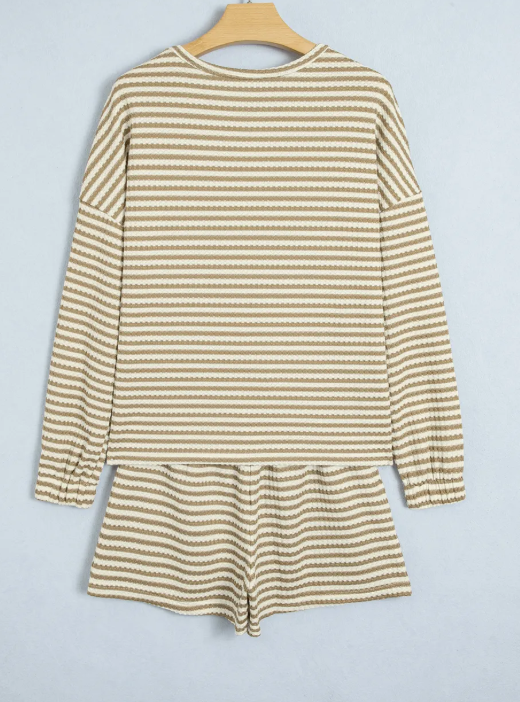 Lola Khaki Stripe Textured Knit Long Sleeve Top Elastic Waist Shorts Casual Outfit