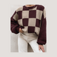Saphira Brown Checkered Pattern Knit Loose Pullover Sweater