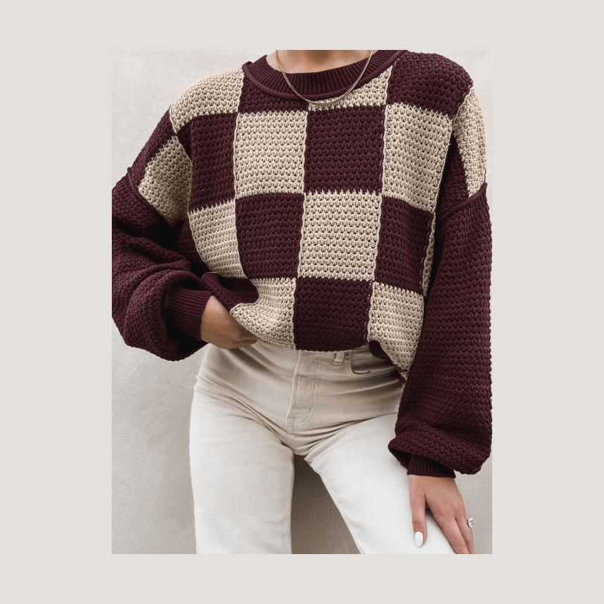 Saphira Brown Checkered Pattern Knit Loose Pullover Sweater