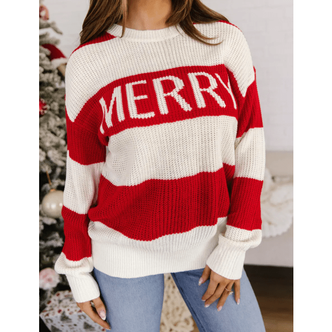 Red Stripe MERRY Drop Shoulder Long Sleeve Christmas Sweater