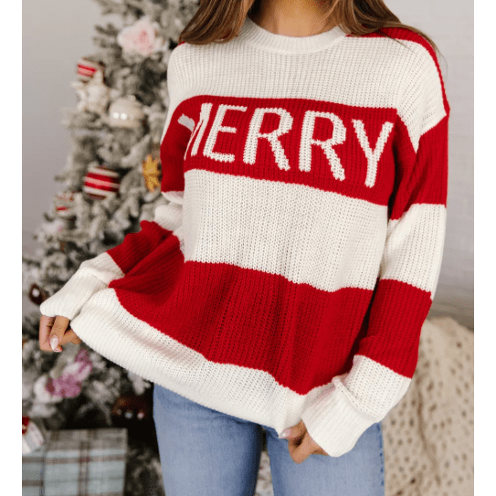 Red Stripe MERRY Drop Shoulder Long Sleeve Christmas Sweater