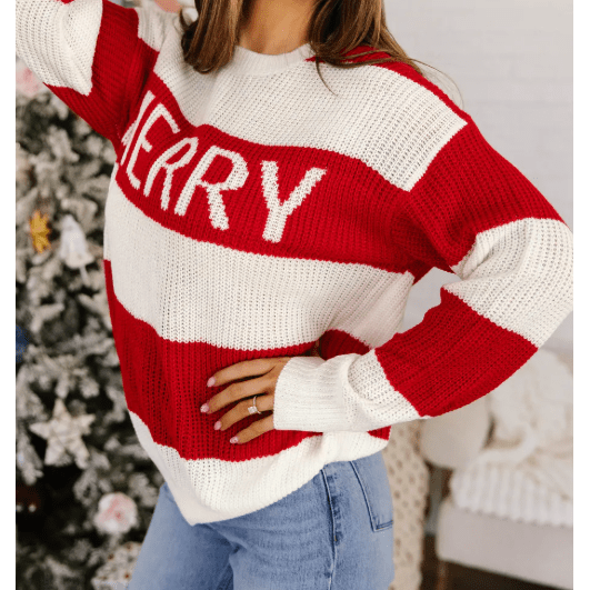 Red Stripe MERRY Drop Shoulder Long Sleeve Christmas Sweater